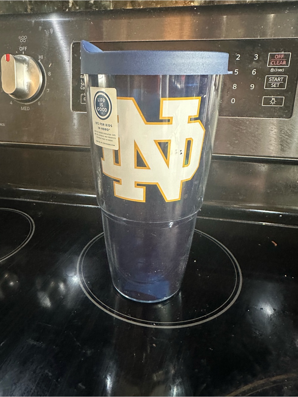 Life Is Good Navy Blue Tumbler with White and Gold Notre Dame Logo